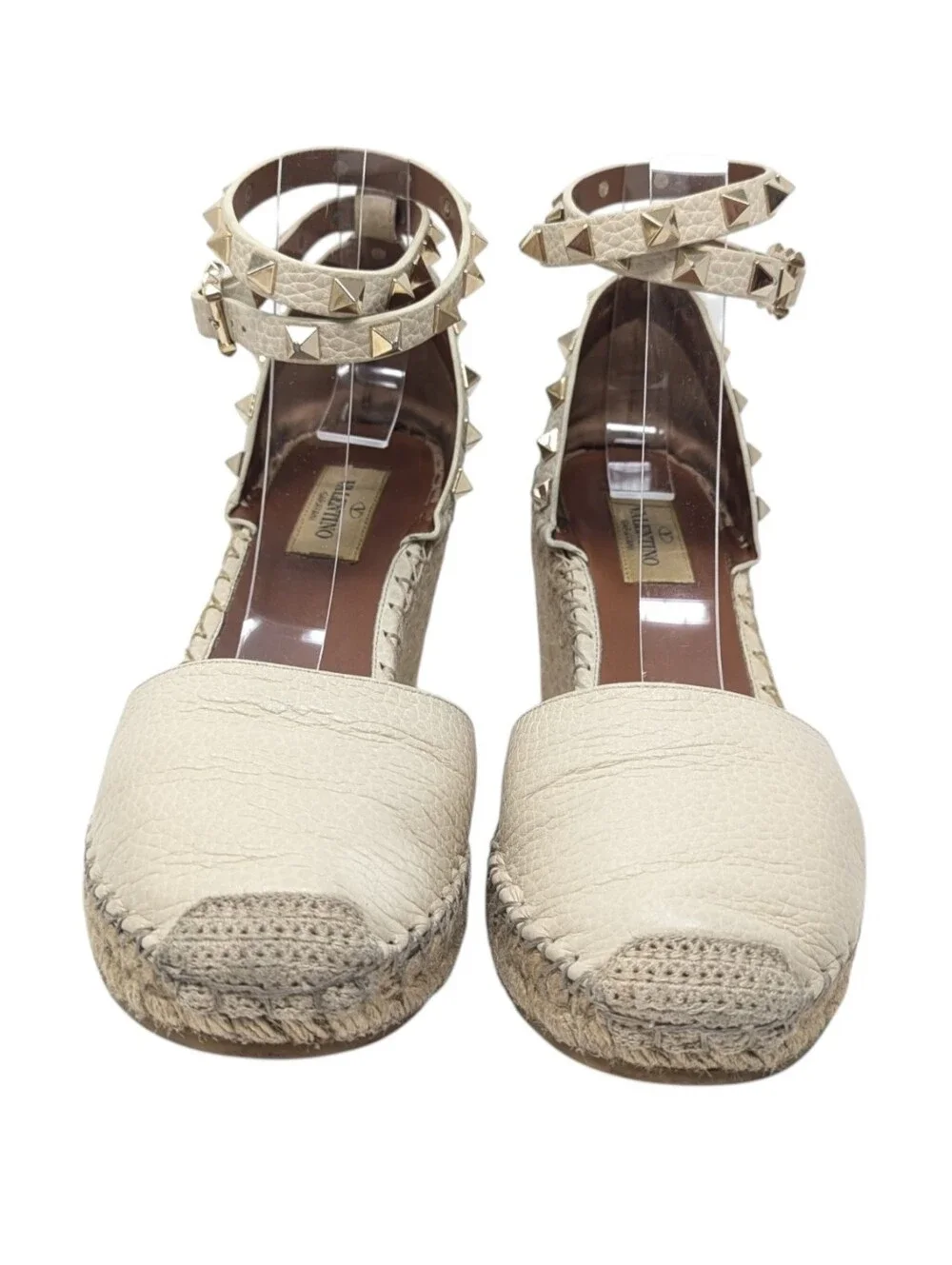 Valentino Garavani Rockstud Cream Leather Espadrille Wedges Size EU 38